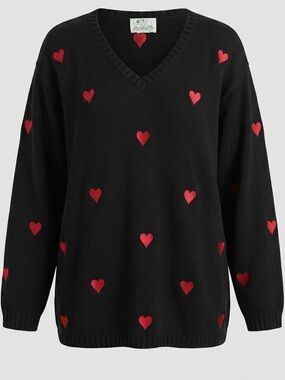 THE QUACKER FACTORY SZ L BLACK KNIT V NECK-EMBROIDERED HEARTS GIRLHOOD HOLIDAY